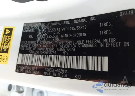 2019 Toyota Highlander Se/Xle from USA, damaged, VIN 5TDJZRFH2KS608789